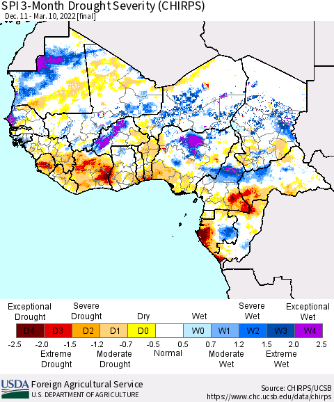Western Africa SPI 3-Month Drought Severity (CHIRPS) Thematic Map For 12/11/2021 - 3/10/2022