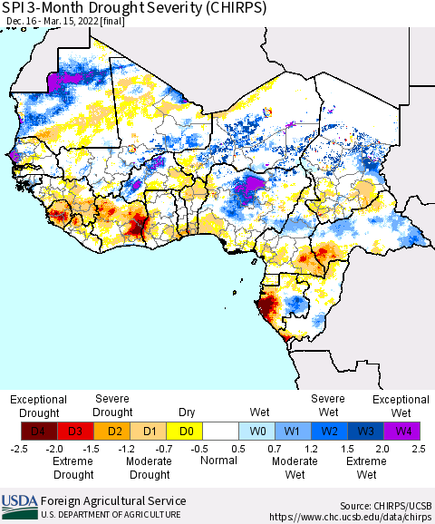 Western Africa SPI 3-Month Drought Severity (CHIRPS) Thematic Map For 12/16/2021 - 3/15/2022
