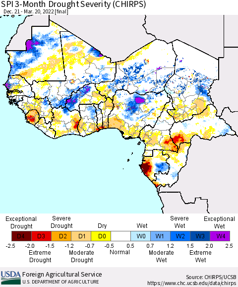 Western Africa SPI 3-Month Drought Severity (CHIRPS) Thematic Map For 12/21/2021 - 3/20/2022