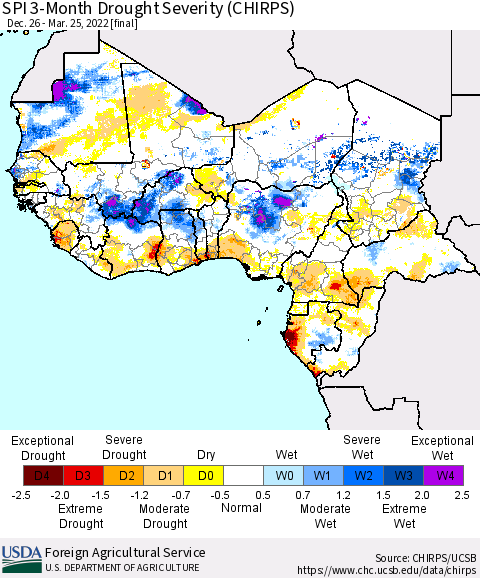 Western Africa SPI 3-Month Drought Severity (CHIRPS) Thematic Map For 12/26/2021 - 3/25/2022