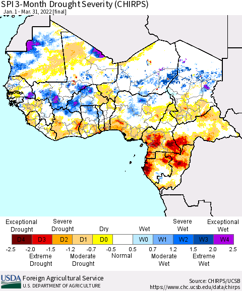 Western Africa SPI 3-Month Drought Severity (CHIRPS) Thematic Map For 1/1/2022 - 3/31/2022
