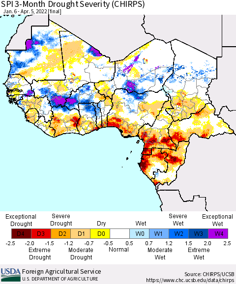Western Africa SPI 3-Month Drought Severity (CHIRPS) Thematic Map For 1/6/2022 - 4/5/2022