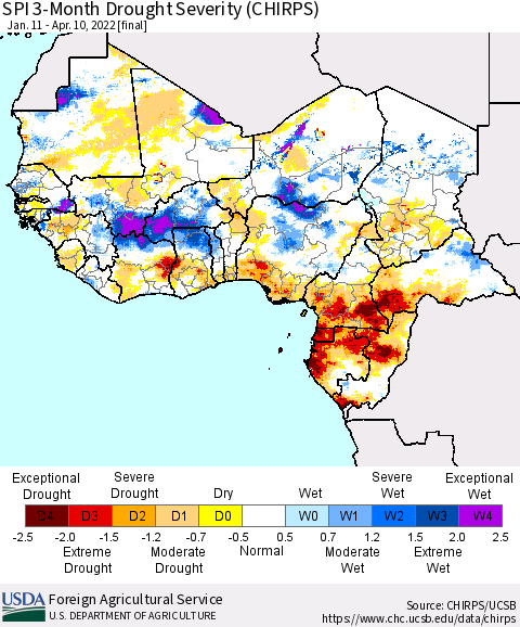 Western Africa SPI 3-Month Drought Severity (CHIRPS) Thematic Map For 1/11/2022 - 4/10/2022