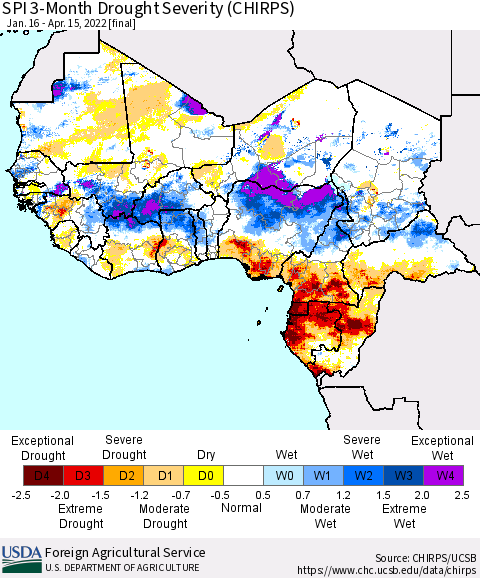 Western Africa SPI 3-Month Drought Severity (CHIRPS) Thematic Map For 1/16/2022 - 4/15/2022
