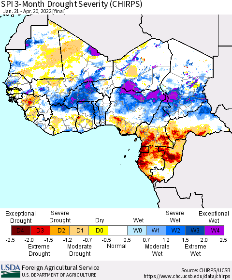 Western Africa SPI 3-Month Drought Severity (CHIRPS) Thematic Map For 1/21/2022 - 4/20/2022