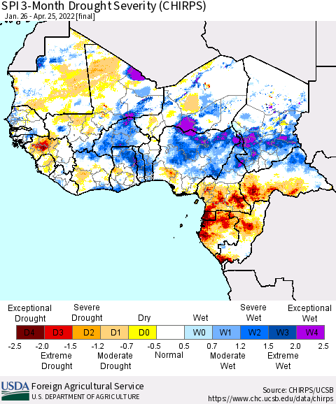 Western Africa SPI 3-Month Drought Severity (CHIRPS) Thematic Map For 1/26/2022 - 4/25/2022