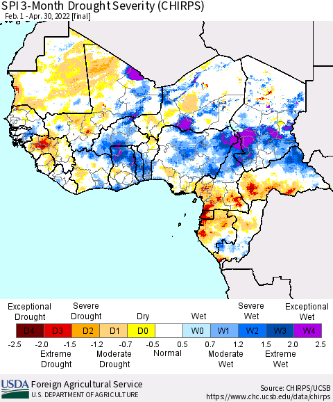 Western Africa SPI 3-Month Drought Severity (CHIRPS) Thematic Map For 2/1/2022 - 4/30/2022
