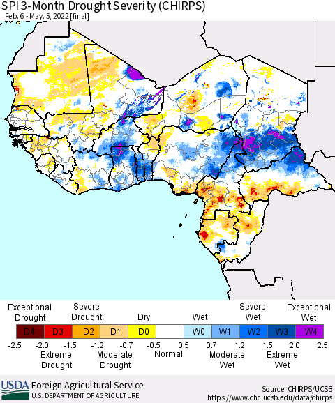 Western Africa SPI 3-Month Drought Severity (CHIRPS) Thematic Map For 2/6/2022 - 5/5/2022