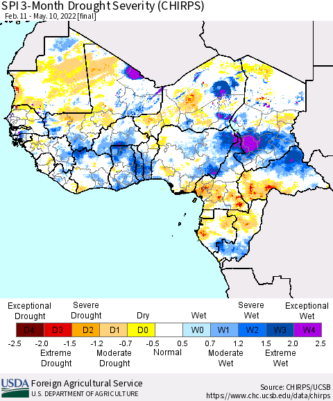 Western Africa SPI 3-Month Drought Severity (CHIRPS) Thematic Map For 2/11/2022 - 5/10/2022