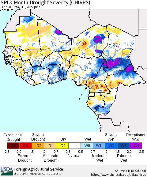 Western Africa SPI 3-Month Drought Severity (CHIRPS) Thematic Map For 2/16/2022 - 5/15/2022