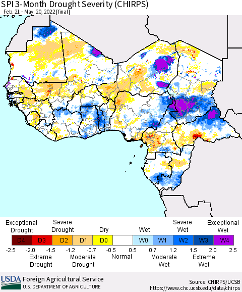 Western Africa SPI 3-Month Drought Severity (CHIRPS) Thematic Map For 2/21/2022 - 5/20/2022