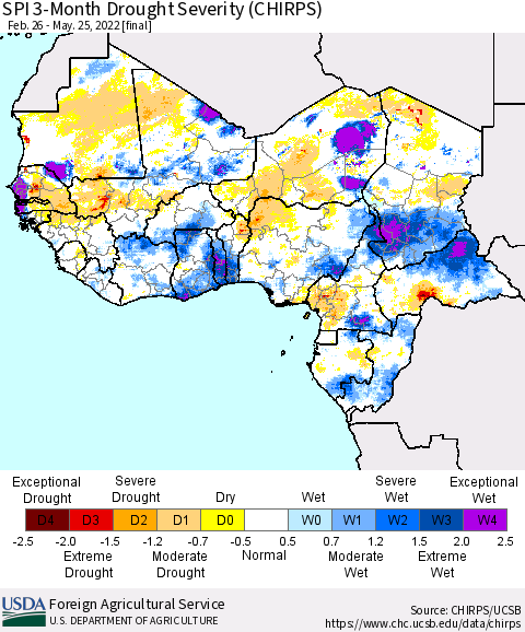 Western Africa SPI 3-Month Drought Severity (CHIRPS) Thematic Map For 2/26/2022 - 5/25/2022
