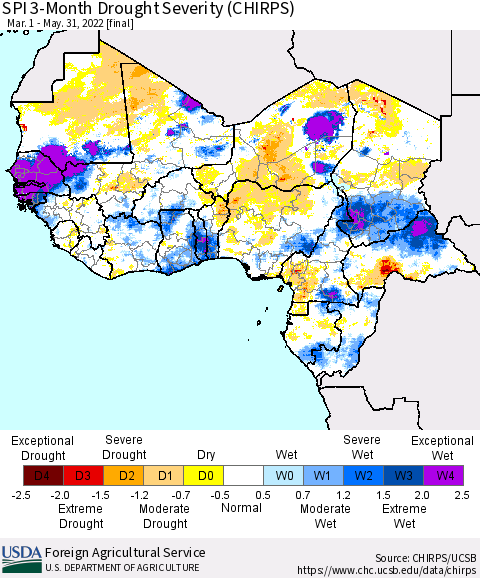 Western Africa SPI 3-Month Drought Severity (CHIRPS) Thematic Map For 3/1/2022 - 5/31/2022