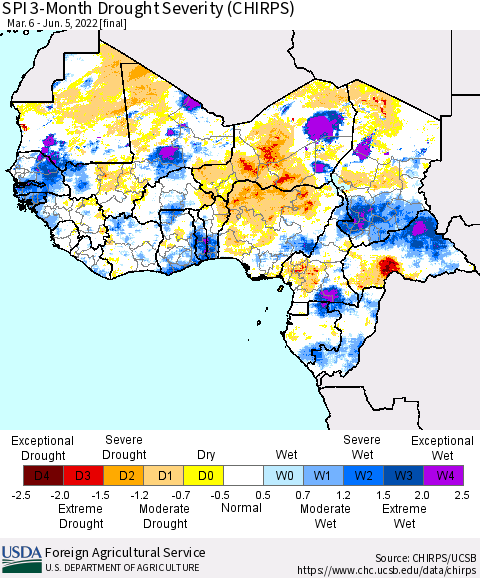 Western Africa SPI 3-Month Drought Severity (CHIRPS) Thematic Map For 3/6/2022 - 6/5/2022