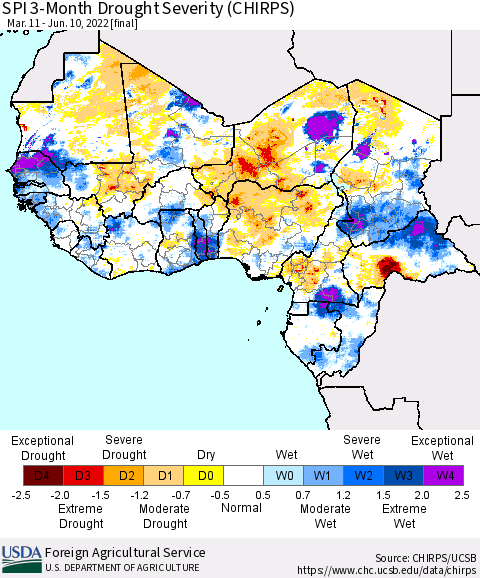 Western Africa SPI 3-Month Drought Severity (CHIRPS) Thematic Map For 3/11/2022 - 6/10/2022