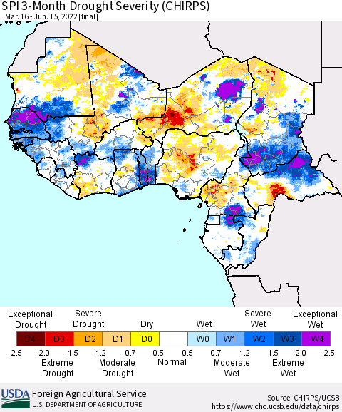 Western Africa SPI 3-Month Drought Severity (CHIRPS) Thematic Map For 3/16/2022 - 6/15/2022