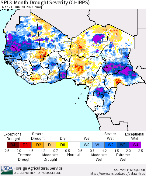 Western Africa SPI 3-Month Drought Severity (CHIRPS) Thematic Map For 3/21/2022 - 6/20/2022