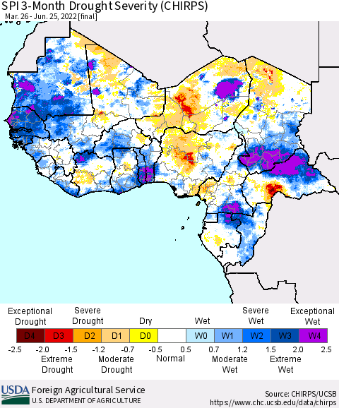 Western Africa SPI 3-Month Drought Severity (CHIRPS) Thematic Map For 3/26/2022 - 6/25/2022