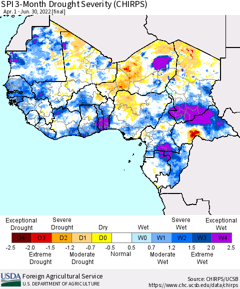 Western Africa SPI 3-Month Drought Severity (CHIRPS) Thematic Map For 4/1/2022 - 6/30/2022