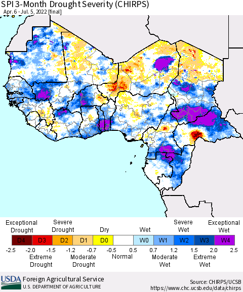 Western Africa SPI 3-Month Drought Severity (CHIRPS) Thematic Map For 4/6/2022 - 7/5/2022