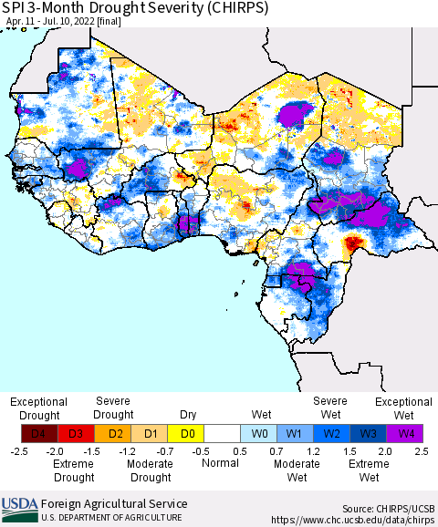 Western Africa SPI 3-Month Drought Severity (CHIRPS) Thematic Map For 4/11/2022 - 7/10/2022