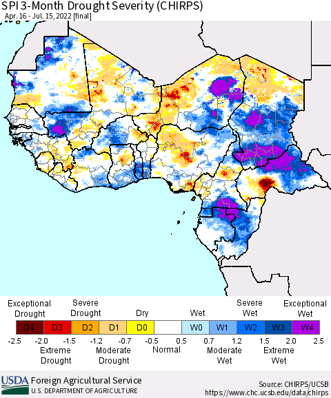 Western Africa SPI 3-Month Drought Severity (CHIRPS) Thematic Map For 4/16/2022 - 7/15/2022
