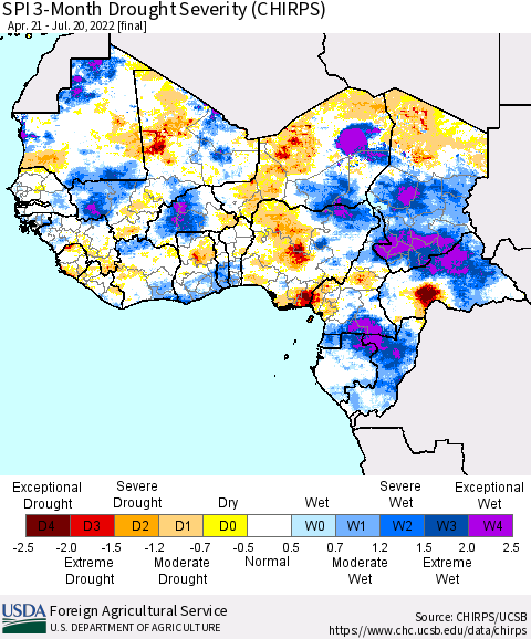 Western Africa SPI 3-Month Drought Severity (CHIRPS) Thematic Map For 4/21/2022 - 7/20/2022