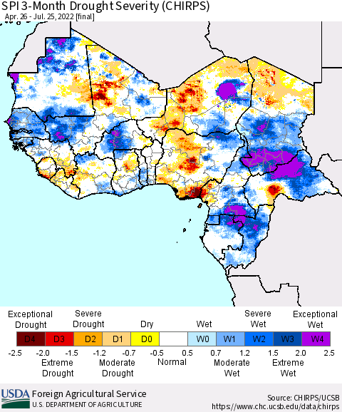 Western Africa SPI 3-Month Drought Severity (CHIRPS) Thematic Map For 4/26/2022 - 7/25/2022