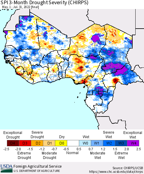 Western Africa SPI 3-Month Drought Severity (CHIRPS) Thematic Map For 5/1/2022 - 7/31/2022