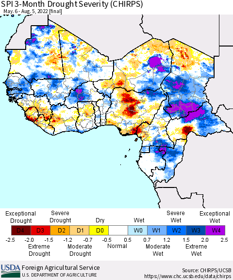 Western Africa SPI 3-Month Drought Severity (CHIRPS) Thematic Map For 5/6/2022 - 8/5/2022