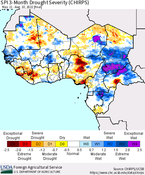 Western Africa SPI 3-Month Drought Severity (CHIRPS) Thematic Map For 5/11/2022 - 8/10/2022
