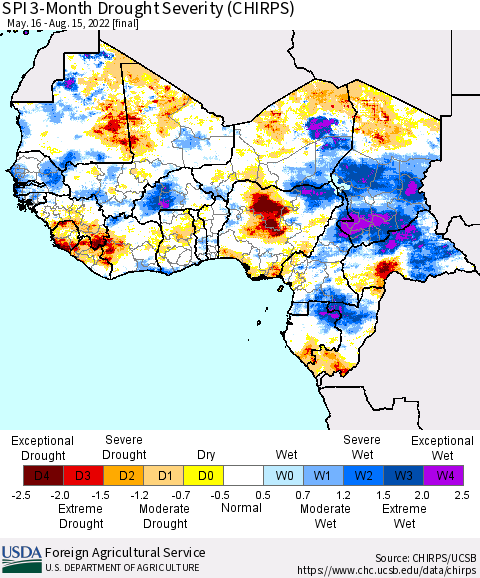 Western Africa SPI 3-Month Drought Severity (CHIRPS) Thematic Map For 5/16/2022 - 8/15/2022