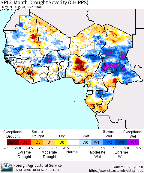 Western Africa SPI 3-Month Drought Severity (CHIRPS) Thematic Map For 5/21/2022 - 8/20/2022