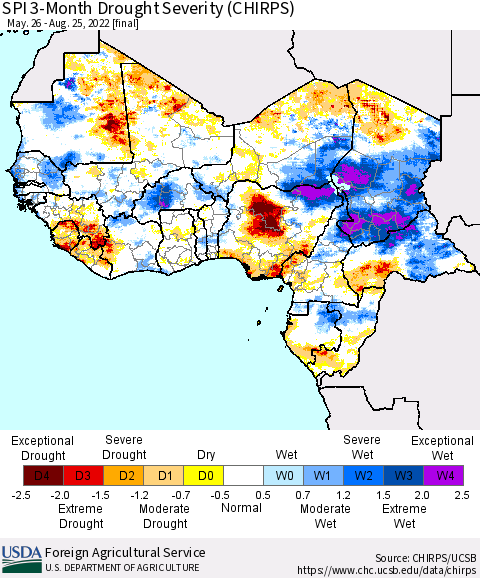 Western Africa SPI 3-Month Drought Severity (CHIRPS) Thematic Map For 5/26/2022 - 8/25/2022