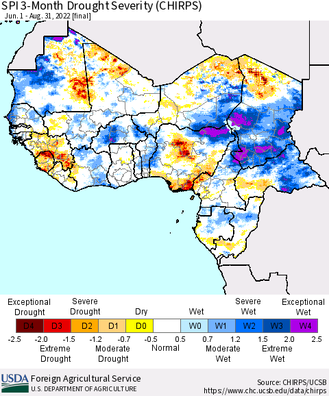 Western Africa SPI 3-Month Drought Severity (CHIRPS) Thematic Map For 6/1/2022 - 8/31/2022
