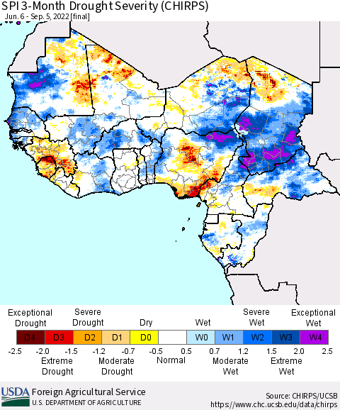 Western Africa SPI 3-Month Drought Severity (CHIRPS) Thematic Map For 6/6/2022 - 9/5/2022