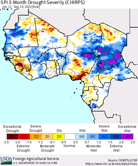 Western Africa SPI 3-Month Drought Severity (CHIRPS) Thematic Map For 6/11/2022 - 9/10/2022