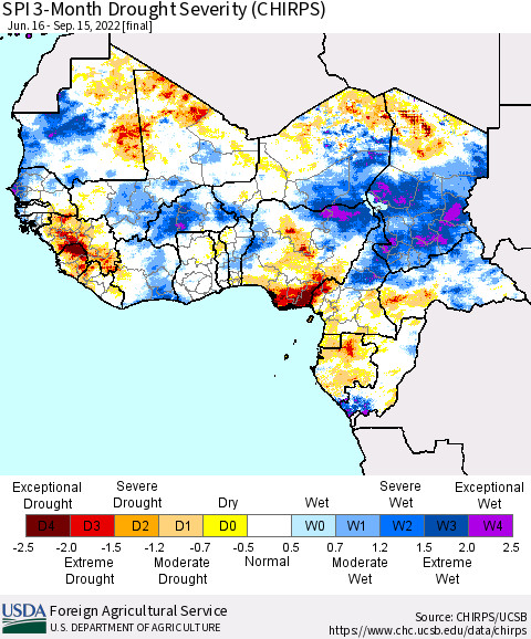 Western Africa SPI 3-Month Drought Severity (CHIRPS) Thematic Map For 6/16/2022 - 9/15/2022