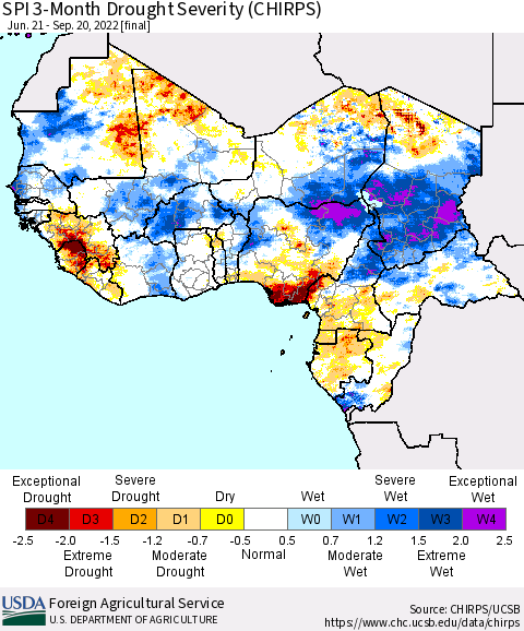 Western Africa SPI 3-Month Drought Severity (CHIRPS) Thematic Map For 6/21/2022 - 9/20/2022