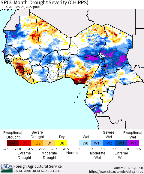 Western Africa SPI 3-Month Drought Severity (CHIRPS) Thematic Map For 6/26/2022 - 9/25/2022