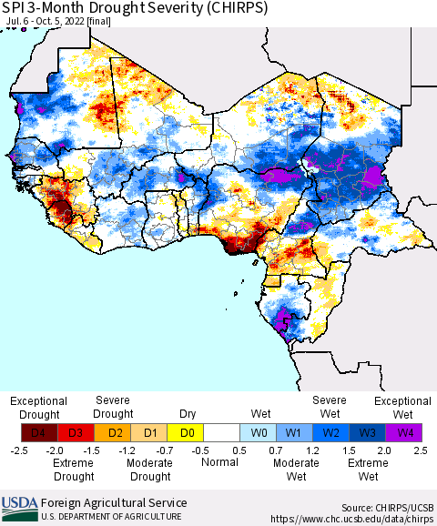 Western Africa SPI 3-Month Drought Severity (CHIRPS) Thematic Map For 7/6/2022 - 10/5/2022