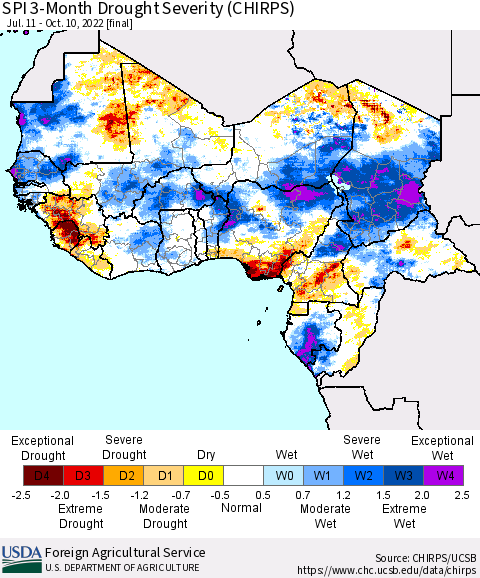 Western Africa SPI 3-Month Drought Severity (CHIRPS) Thematic Map For 7/11/2022 - 10/10/2022