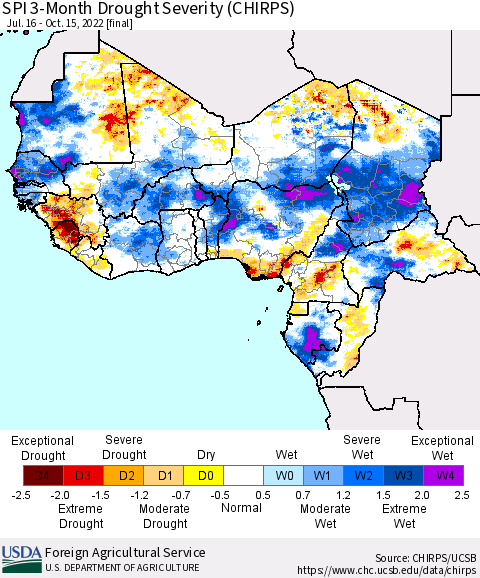 Western Africa SPI 3-Month Drought Severity (CHIRPS) Thematic Map For 7/16/2022 - 10/15/2022
