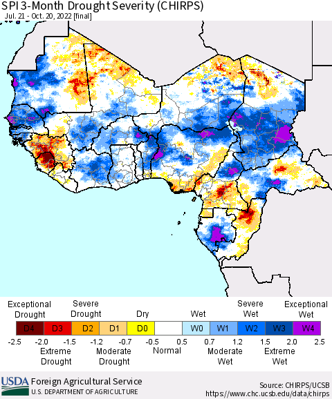 Western Africa SPI 3-Month Drought Severity (CHIRPS) Thematic Map For 7/21/2022 - 10/20/2022