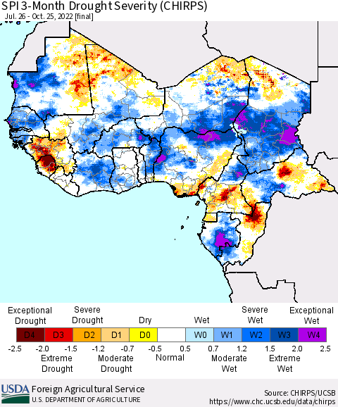 Western Africa SPI 3-Month Drought Severity (CHIRPS) Thematic Map For 7/26/2022 - 10/25/2022