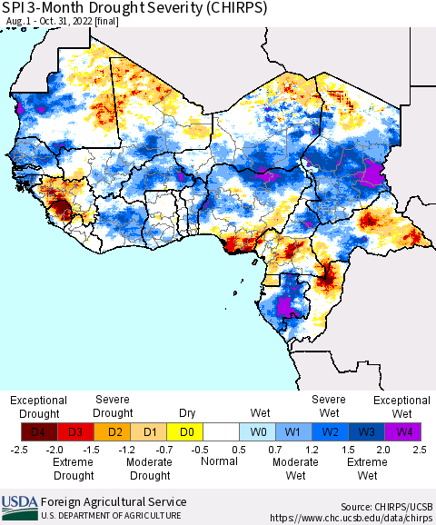 Western Africa SPI 3-Month Drought Severity (CHIRPS) Thematic Map For 8/1/2022 - 10/31/2022