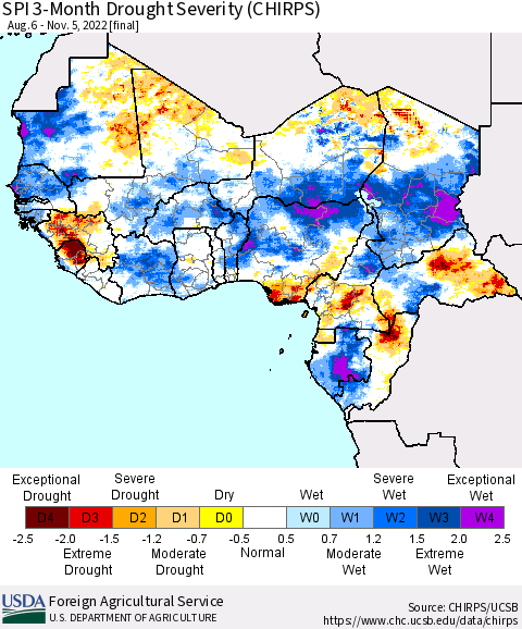 Western Africa SPI 3-Month Drought Severity (CHIRPS) Thematic Map For 8/6/2022 - 11/5/2022