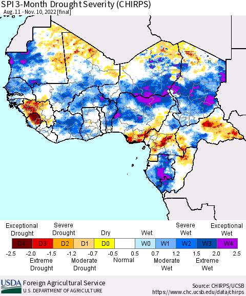 Western Africa SPI 3-Month Drought Severity (CHIRPS) Thematic Map For 8/11/2022 - 11/10/2022