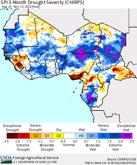 Western Africa SPI 3-Month Drought Severity (CHIRPS) Thematic Map For 8/16/2022 - 11/15/2022
