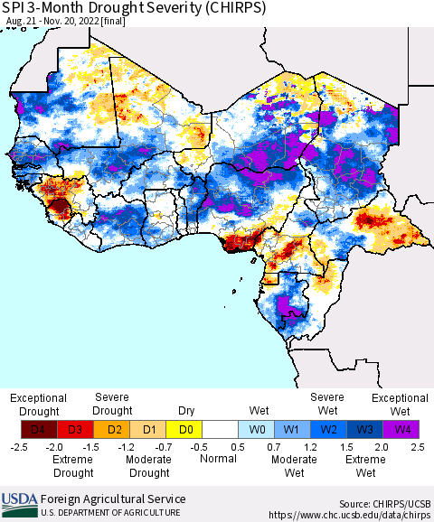 Western Africa SPI 3-Month Drought Severity (CHIRPS) Thematic Map For 8/21/2022 - 11/20/2022